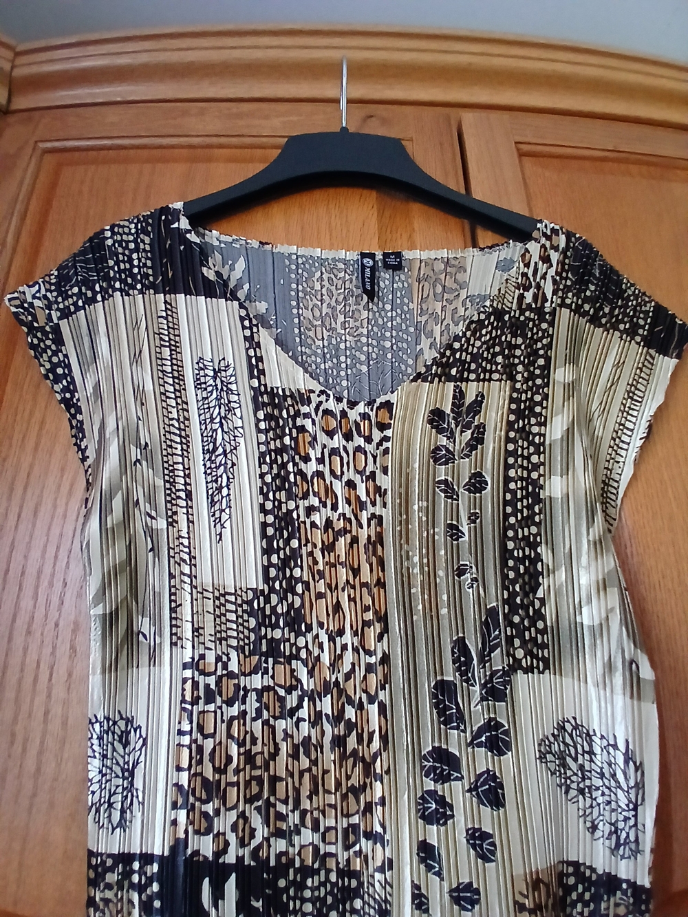 Milano Beige, Black and Brown Printed Pleated V-Neck Top
